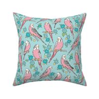 Budgie Birds With Blossom Flowers on Light Blue
