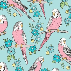 Budgie Birds With Blossom Flowers on Light Blue