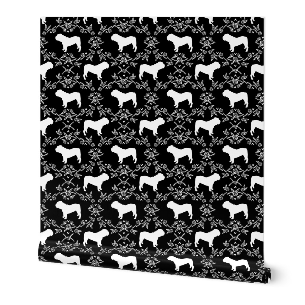 English Bulldog floral silhouette fabric pattern black