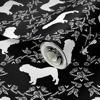 English Bulldog floral silhouette fabric pattern black