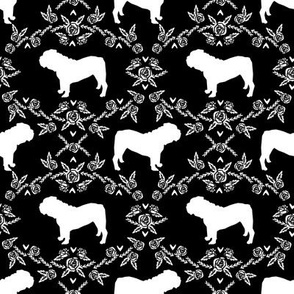 English Bulldog floral silhouette fabric pattern black