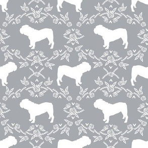 English Bulldog floral silhouette fabric pattern grey