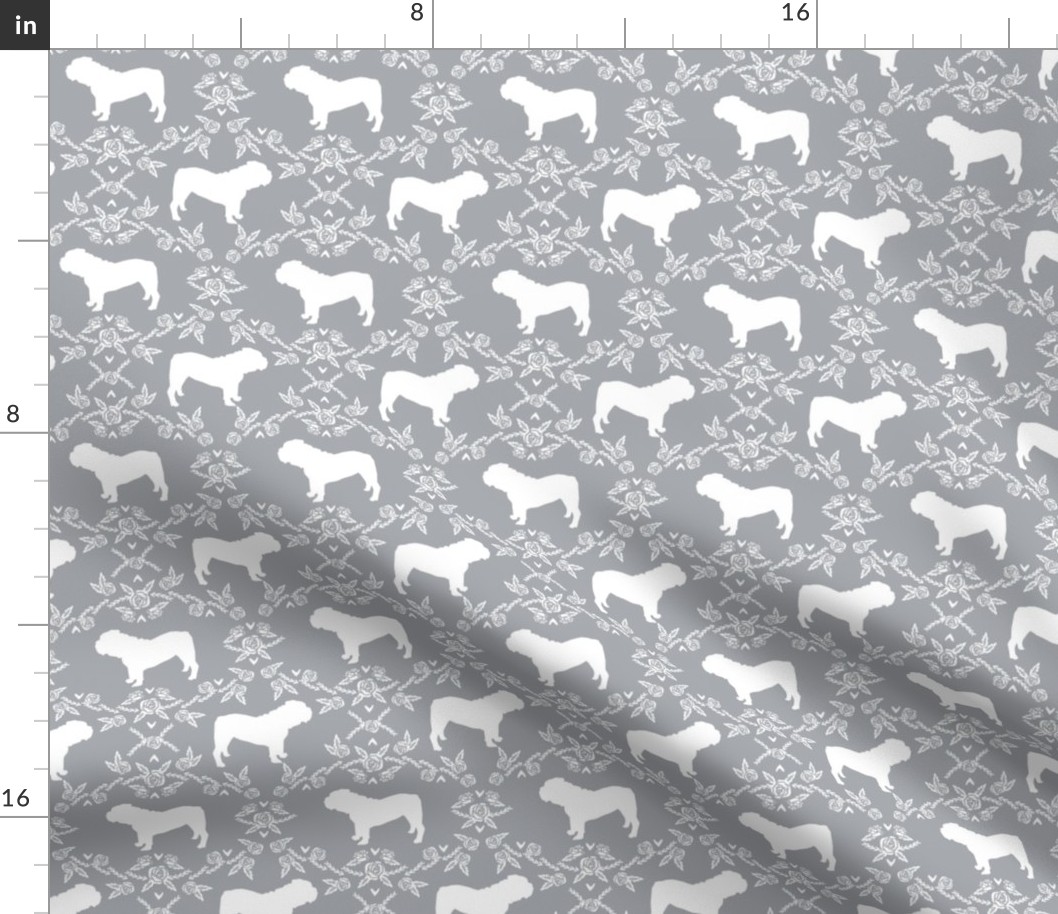 English Bulldog floral silhouette fabric pattern grey