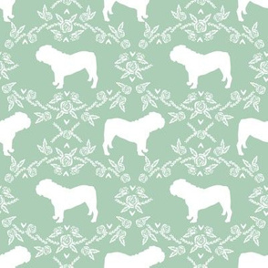 English Bulldog floral silhouette fabric pattern mint