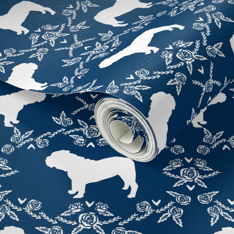 English Bulldog floral silhouette fabric pattern navy