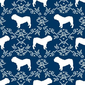 English Bulldog floral silhouette fabric pattern navy