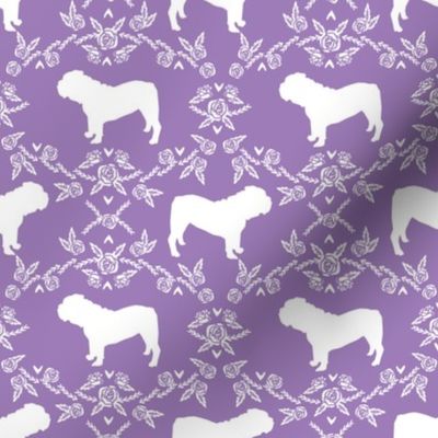 English Bulldog floral silhouette fabric pattern purple