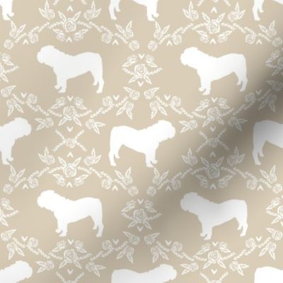 English Bulldog floral silhouette fabric pattern sand