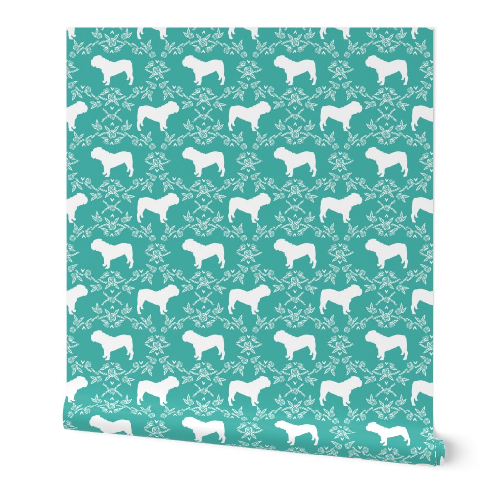 English Bulldog floral silhouette fabric pattern turquoise