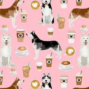 husky fabric siberian huskies and coffees fabric dogs design - pink