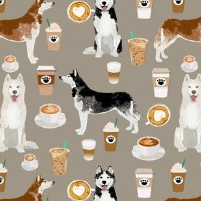 husky fabric siberian huskies and coffees fabric dogs design - medium brown