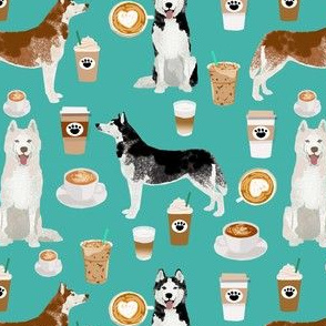 husky fabric siberian huskies and coffees fabric dogs design - turquoise