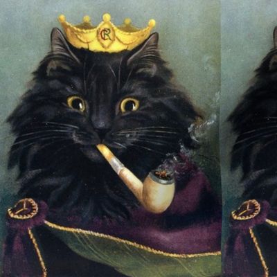 black cats persian Maine Coon kings emperors royalty princes crowns Tobacco pipes smoking smoke vintage retro Anthropomorphic whimsical animals