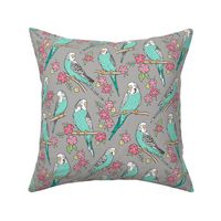 Budgie Birds With Blossom Flowers on Grey