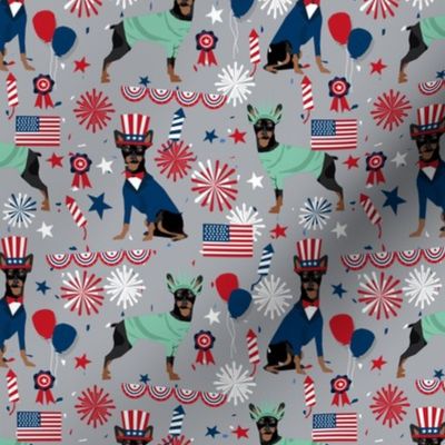 miniature pinscher fabric min pin design july 4th usa fabric - grey