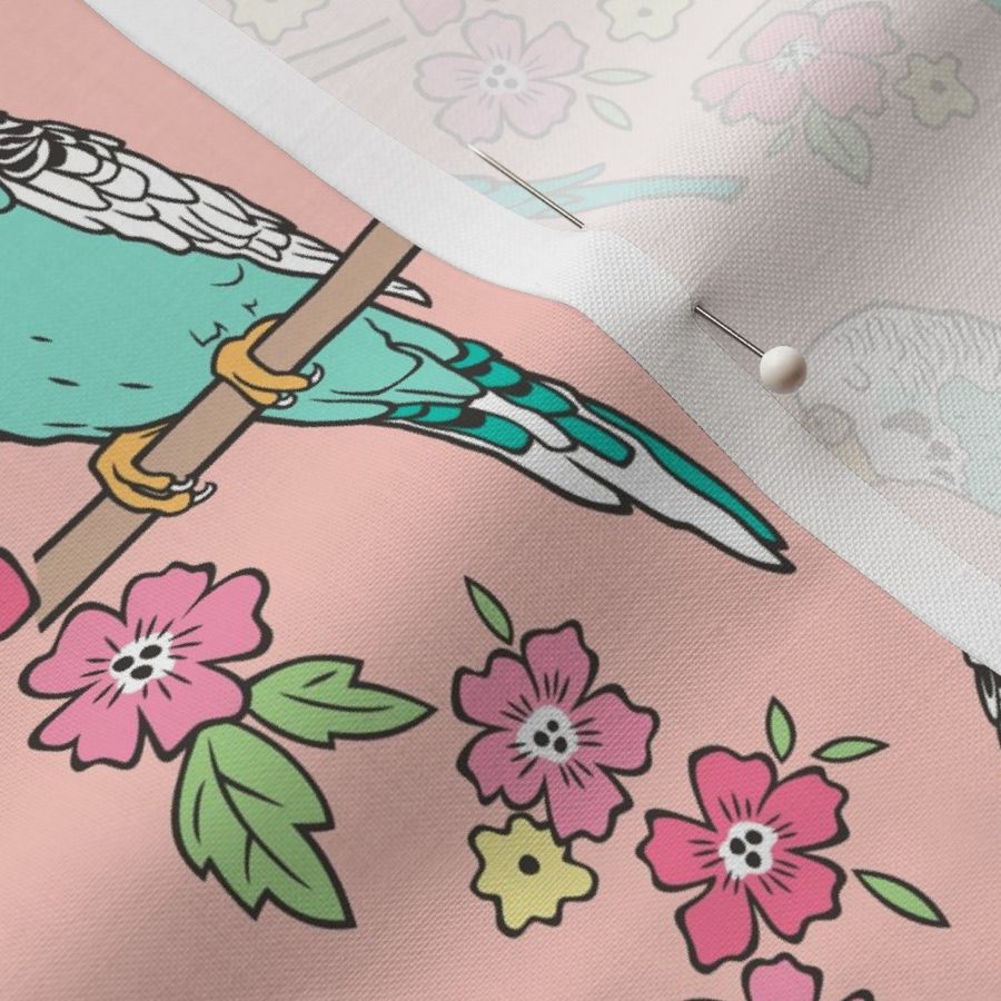 Budgie Birds With Blossom Flowers on Peach