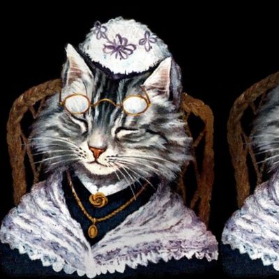 Cats Maine Coon napping sleeping grandmother grandma Victorian Shawl roses flowers floral spectacles glasses lockets necklaces