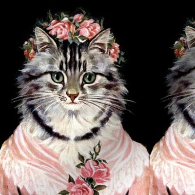 Cats Maine Coon flowers floral roses crowns shawl pink Victorian Anthropomorphic vintage retro kitsch whimsical egl elegant gothic lolita