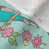 Budgie Birds With Blossom Flowers on Mint Green