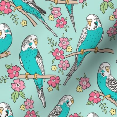 Budgie Birds With Blossom Flowers on Mint Green
