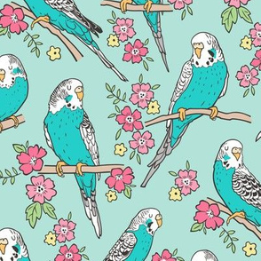 Budgie Birds With Blossom Flowers on Mint Green