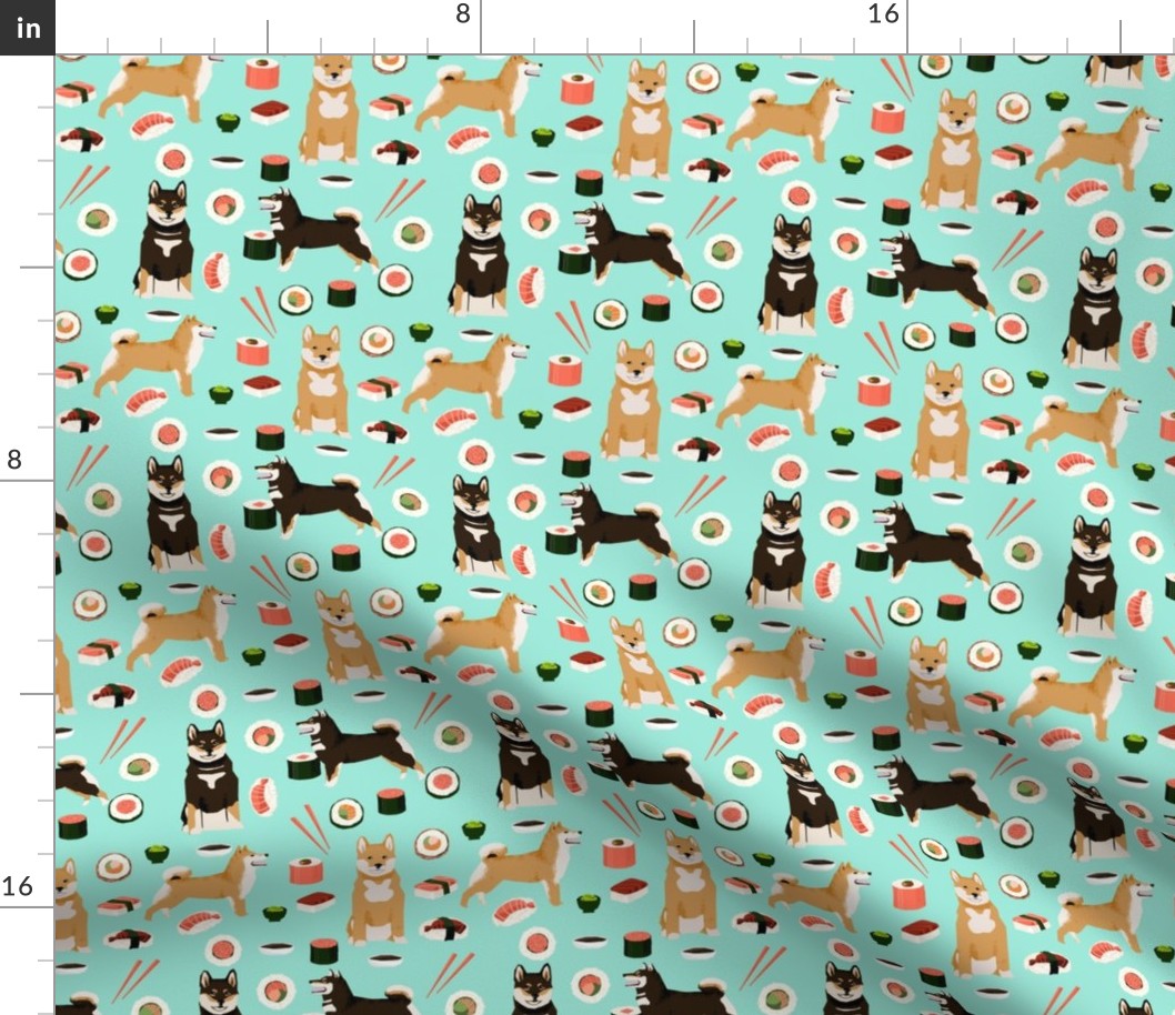 shiba inu dog fabric sushi and dogs fabric print - aqua