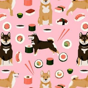shiba inu dog fabric sushi and dogs fabric print - pink