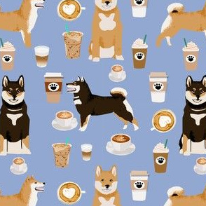 shiba inu coffee print dog and coffees fabric - powder 