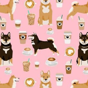 shiba inu coffee print dog and coffees fabric - pink