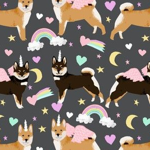 shiba inu dog unicorn fabric rainbows pastel hearts cute dogs fabric - charcoal