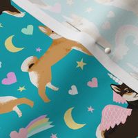 shiba inu dog unicorn fabric rainbows pastel hearts cute dogs fabric - peacock