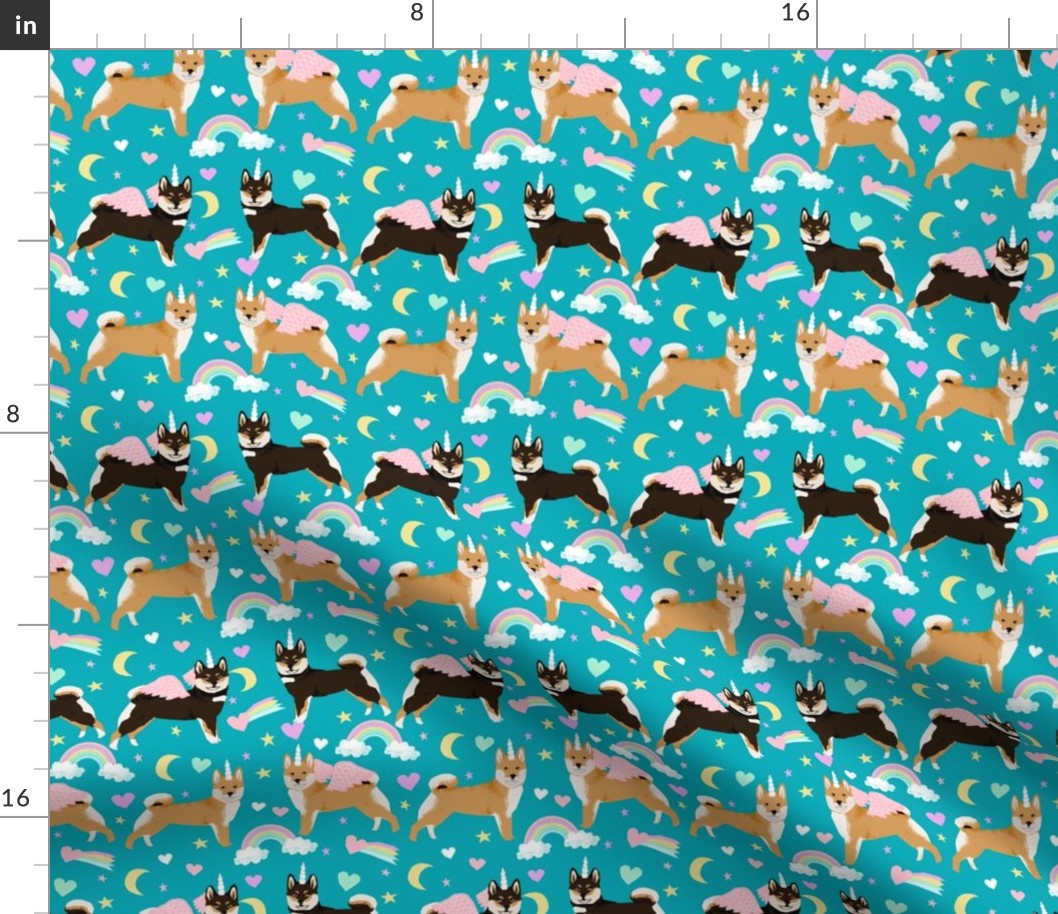 shiba inu dog unicorn fabric rainbows pastel hearts cute dogs fabric - peacock