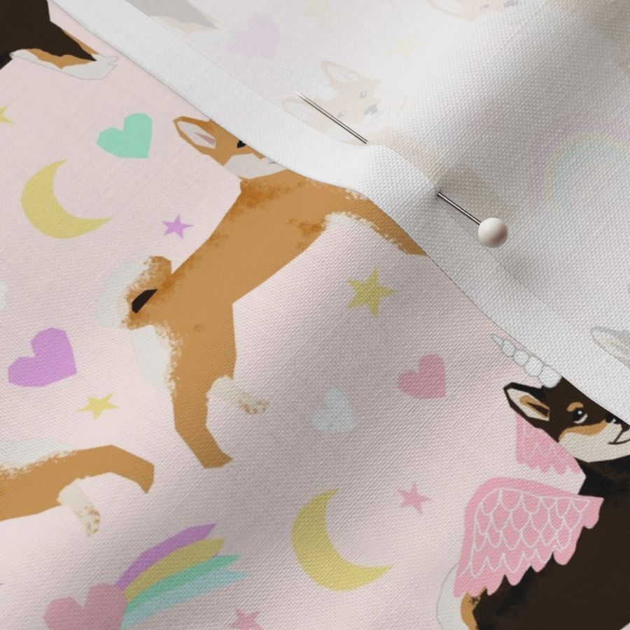 shiba inu dog unicorn fabric rainbows pastel hearts cute dogs fabric - light