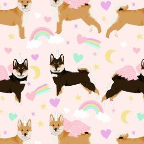 shiba inu dog unicorn fabric rainbows pastel hearts cute dogs fabric - light