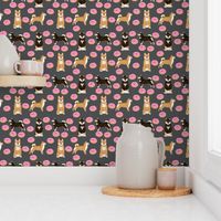 shiba inu dog fabric dogs and pink donuts design - grey