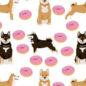 shiba inu dog fabric dogs and pink donuts design - white