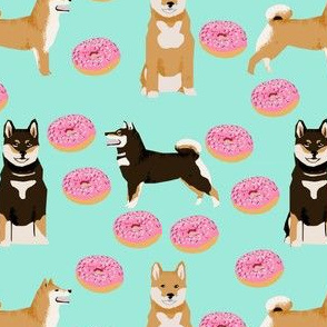 shiba inu dog fabric dogs and pink donuts design - aqua