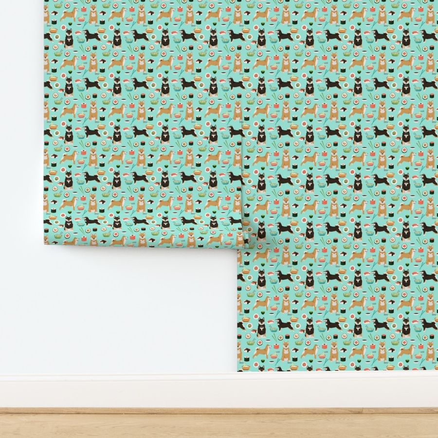 shiba inu dogs fabric dog and noodles sushi fabric design - aqua