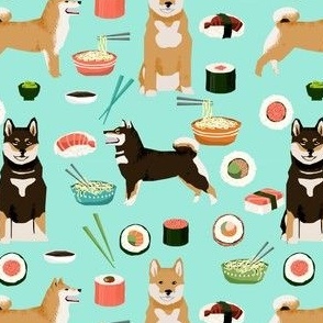 shiba inu dogs fabric dog and noodles sushi fabric design - aqua