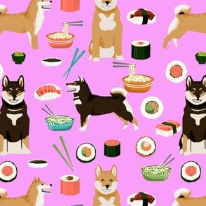 shiba inu dogs fabric dog and noodles sushi fabric design - violet