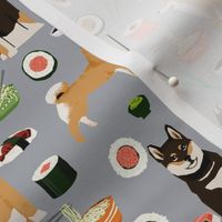 shiba inu dogs fabric dog and noodles sushi fabric design - grey
