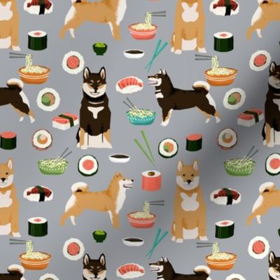 shiba inu dogs fabric dog and noodles sushi fabric design - grey