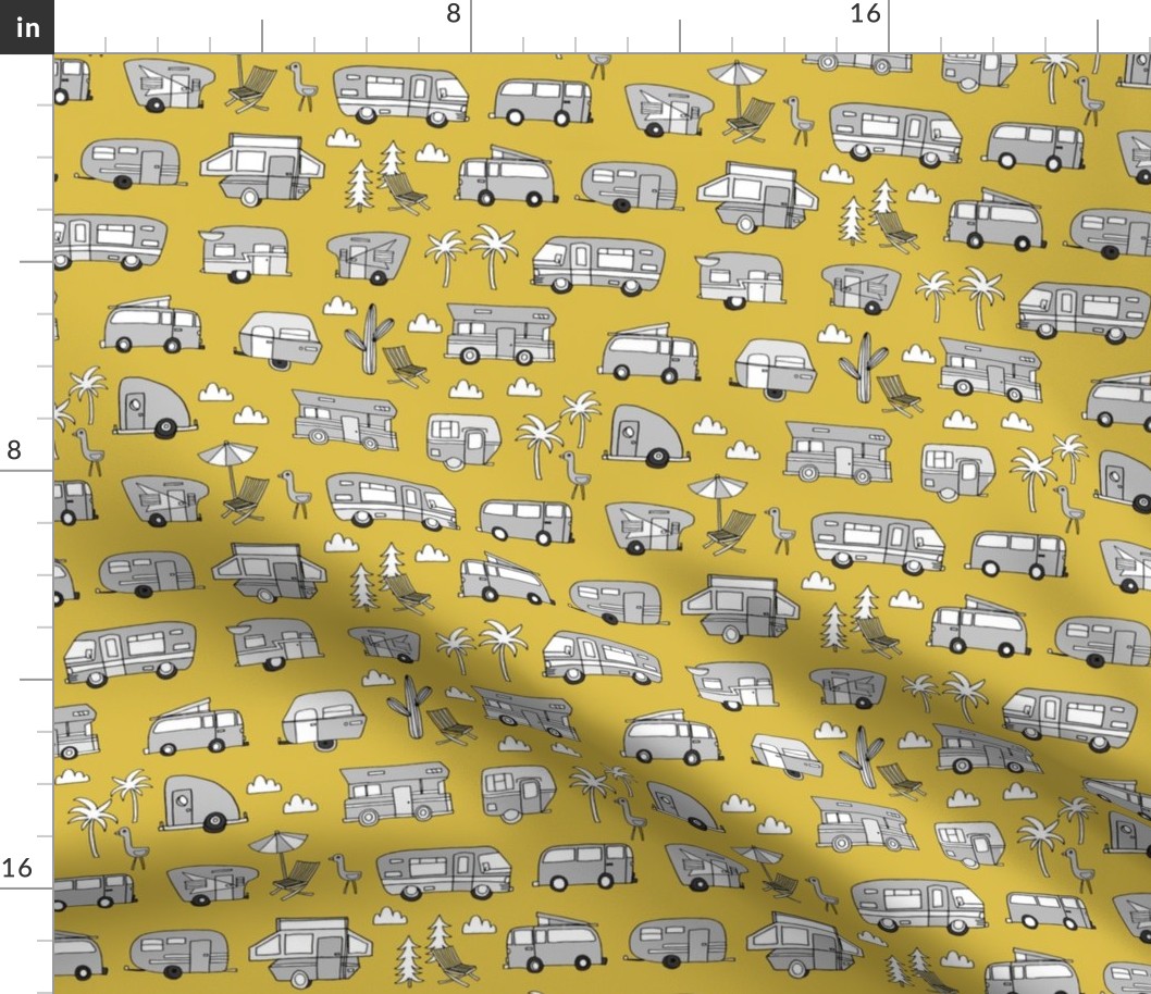 vintage camper van fabric // rv road trip design - mustard and grey