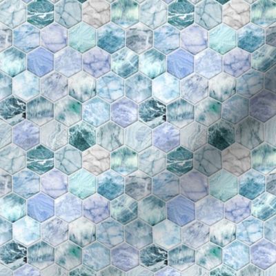 Small Ice Blue and Jade Stone and Marble Hexagon Tiles
