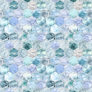 Small Ice Blue and Jade Stone and Marble Hexagon Tiles