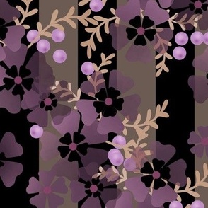 Purple flowers and berries on a striped brown background 