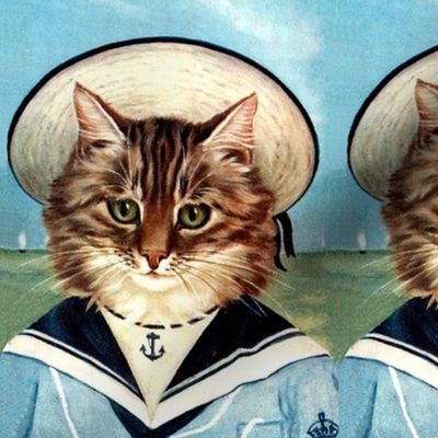 cats Maine Coon sailors sailing boats ships nautical sea ocean waves yacht navy animals hats vintage retro kitsch anthropomorphic sky clouds