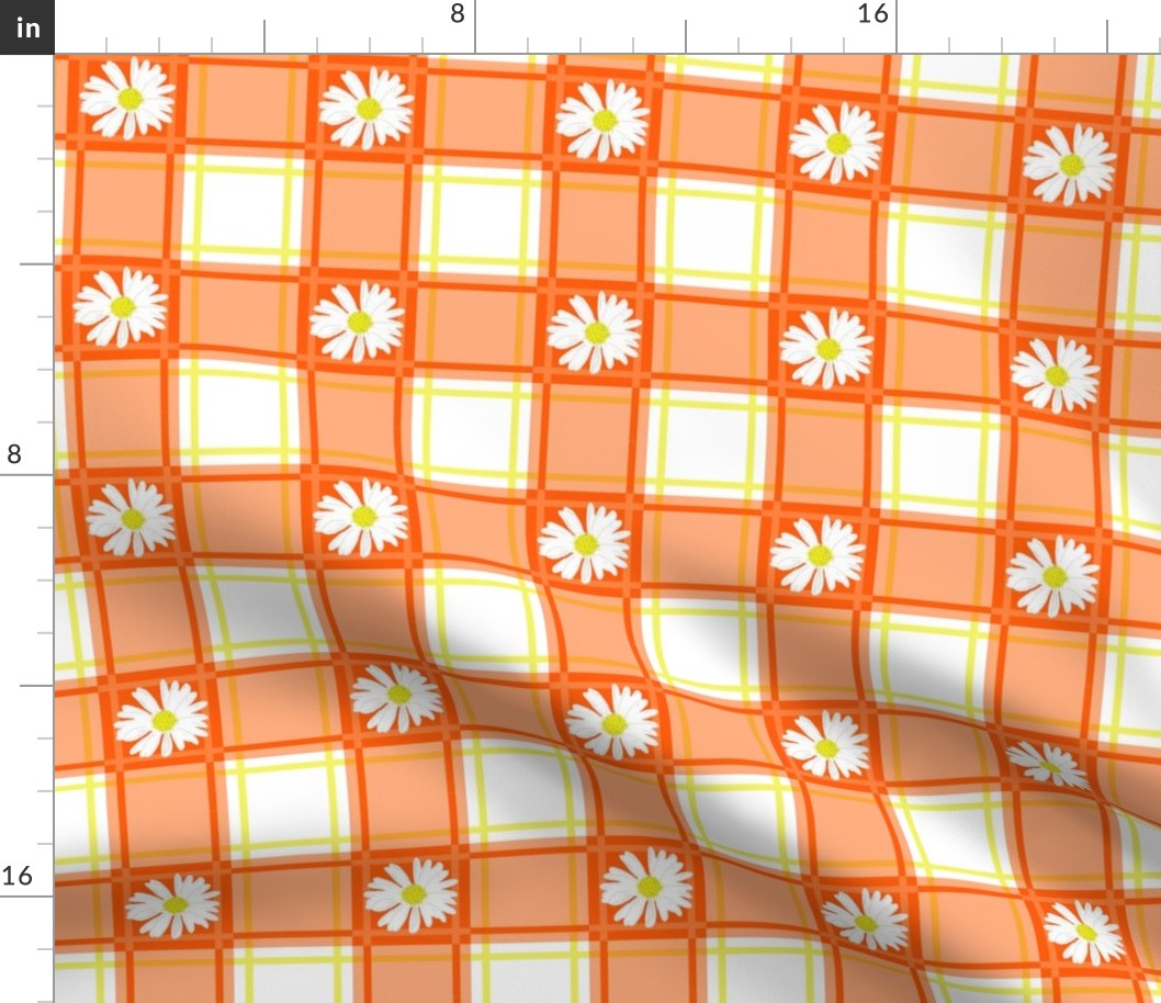 Daisies on Orange Plaid