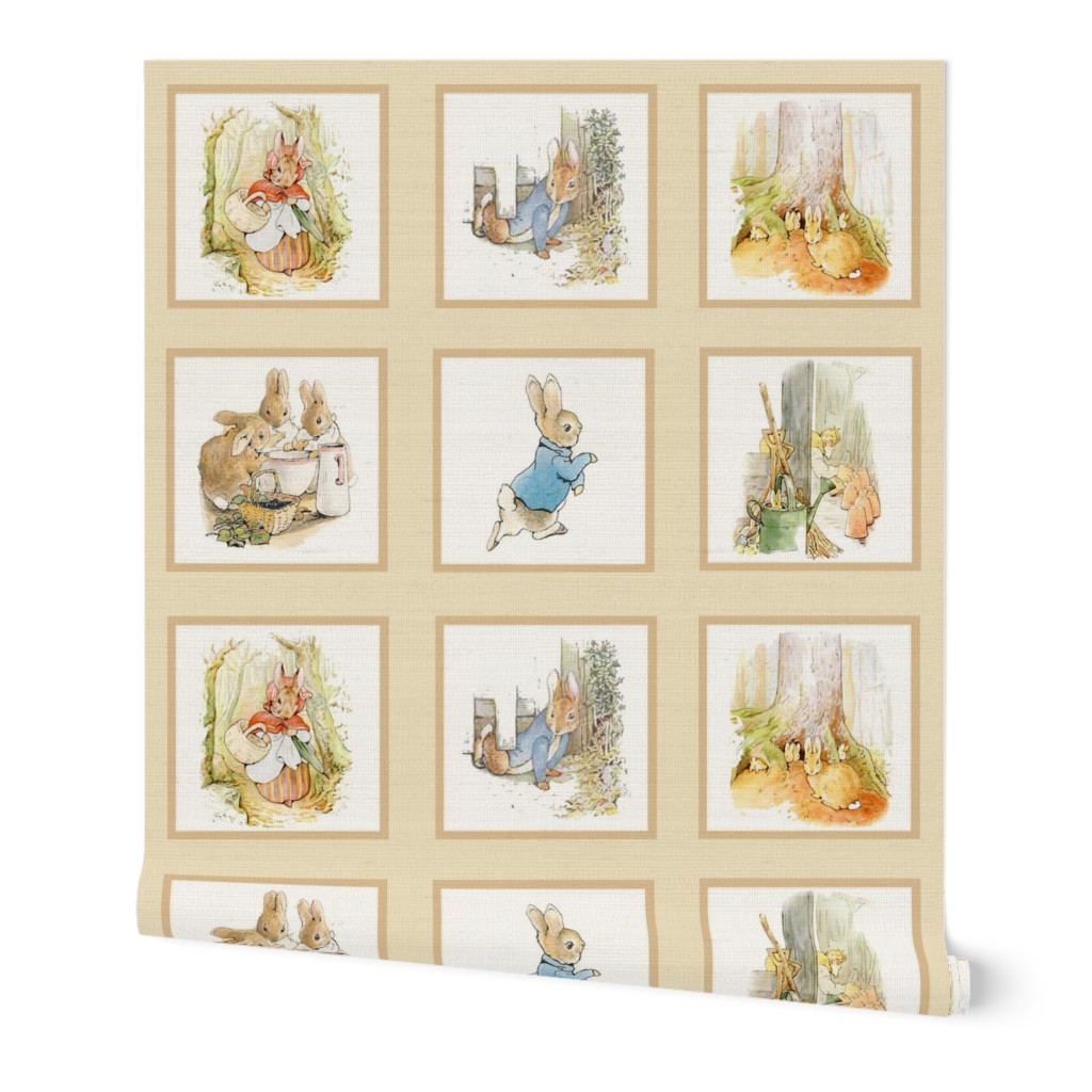 Peter Rabbit Quilt Block Panel No. 2  - Kraft / Light Tan