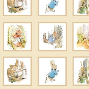 Peter Rabbit Quilt Block Panel No. 2  - Kraft / Light Tan